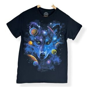 DOM T Shirt Unisex Size Small Space Wolf Celestial Galaxy Graphic Black Top